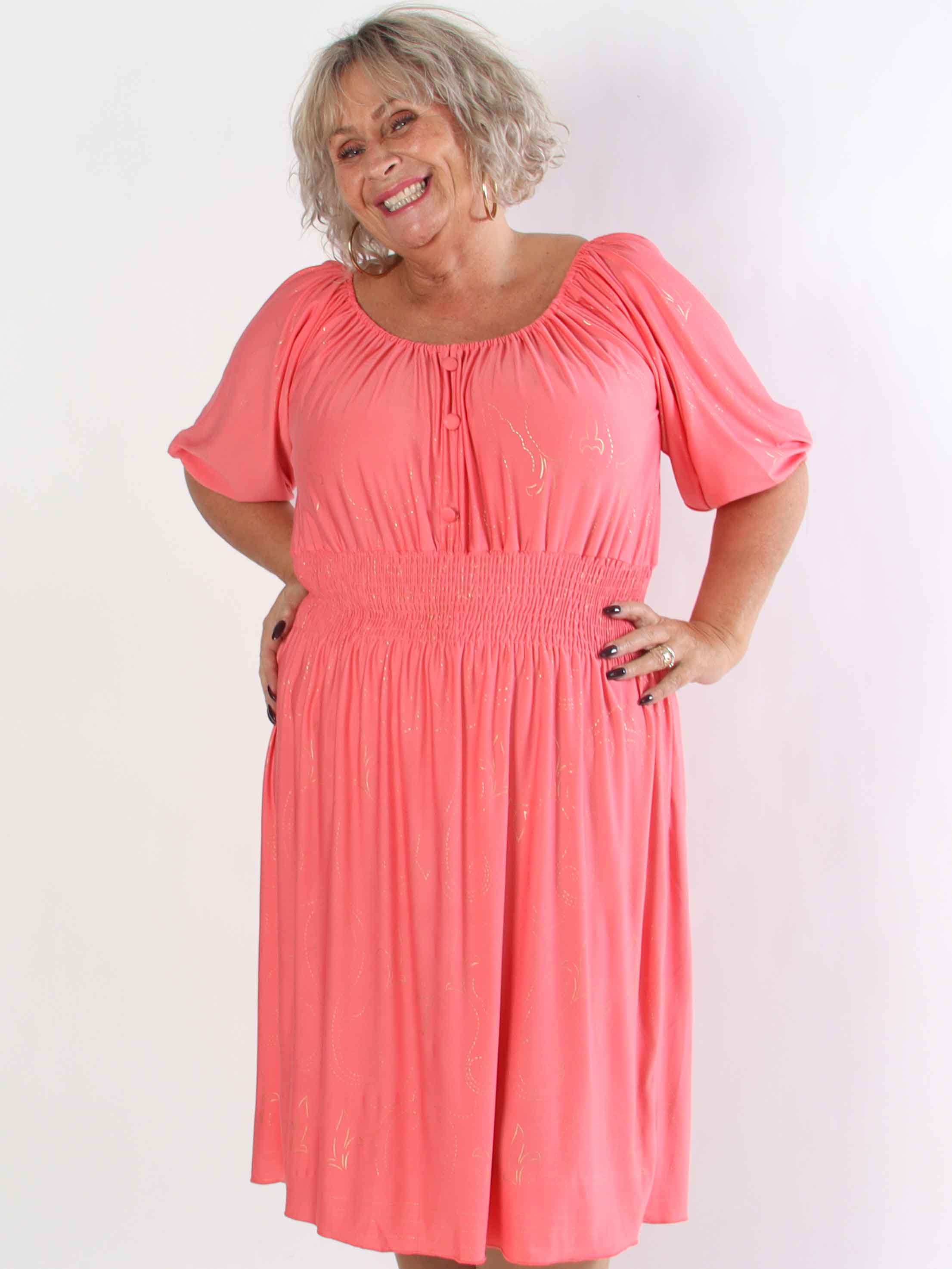 Cora Royal Gold Midi - Elastisk plus size kjole med guld print